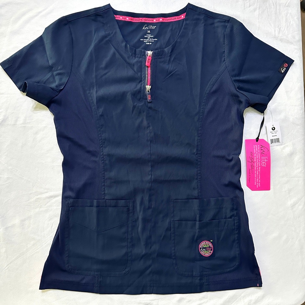 Koi Lite Serenity Scrub Top M Navy Blue Performance Stretch Nursing Healthcare